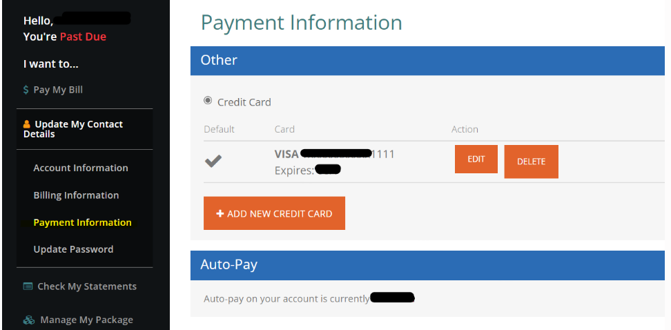Screenshot of updating payment method in portal